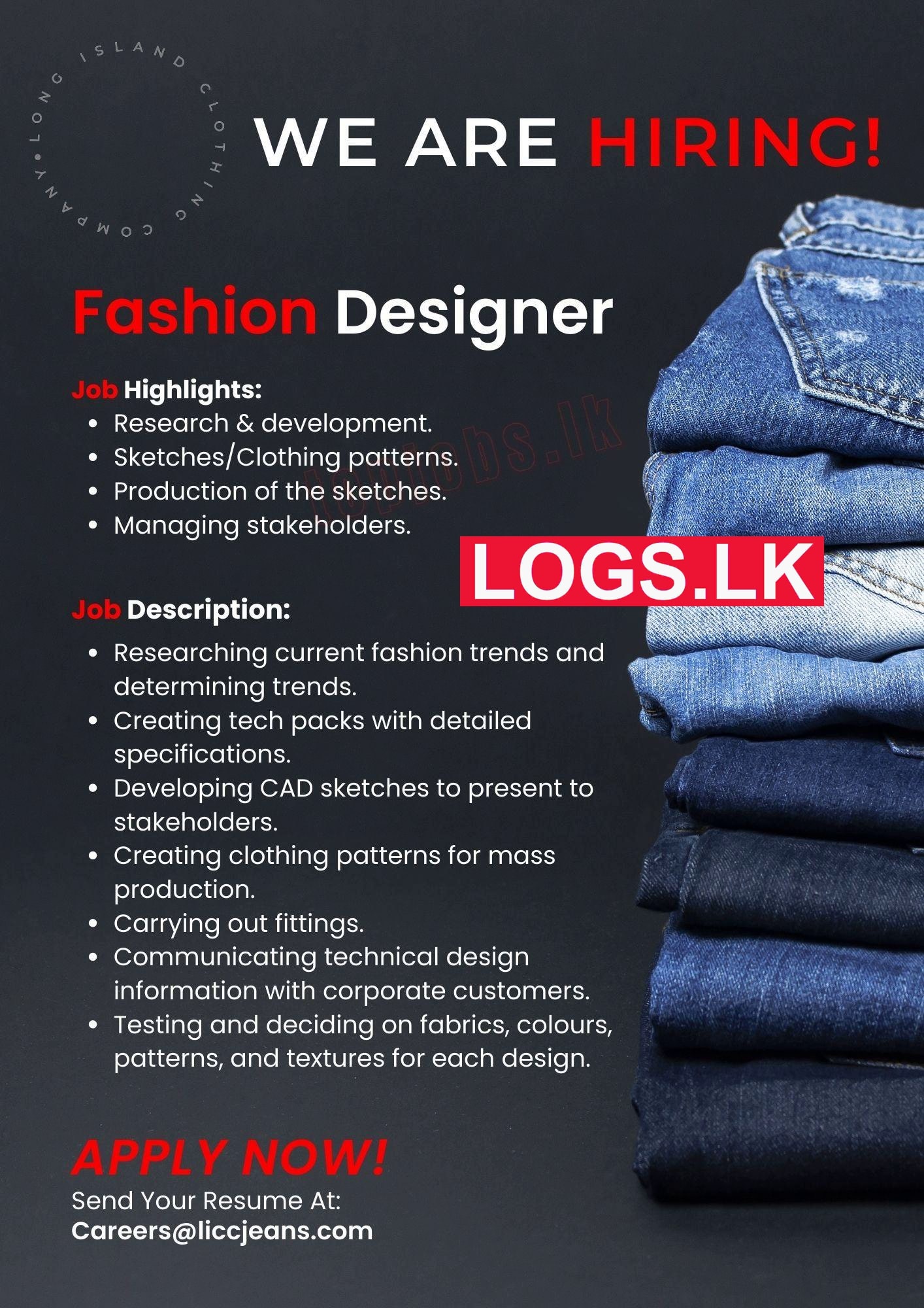 Fashion Designer Job Vacancy at Long Island Clothing Company